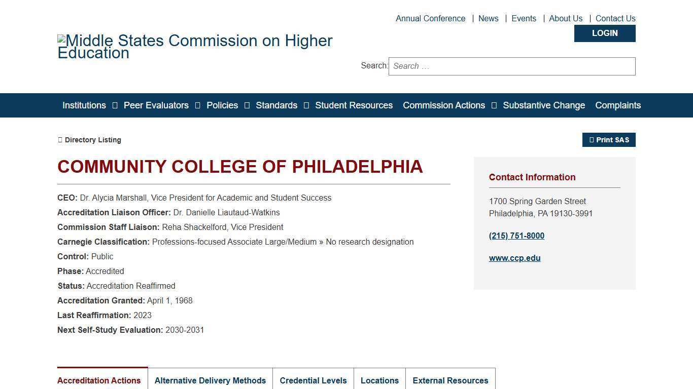 Community College of Philadelphia - Statement of Accreditation Status